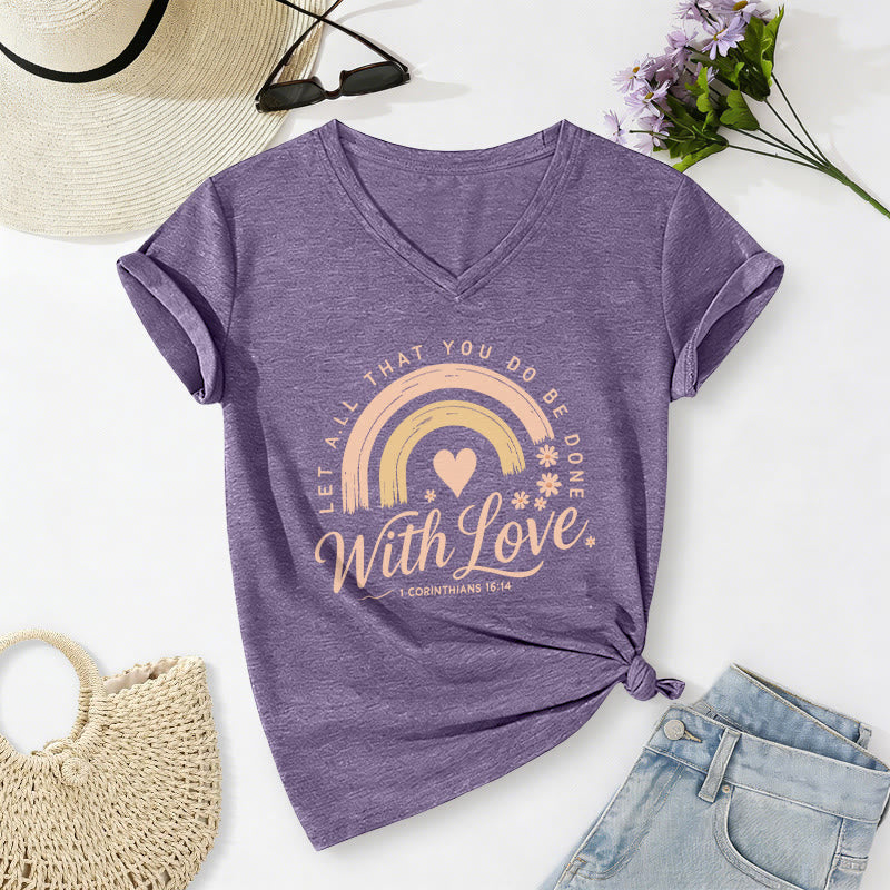 Christianartworkshop Bibelvers mit Liebe Regenbogenblumen Lässiges V-Ausschnitt-T-Shirt - Lila - 2XL - image 2