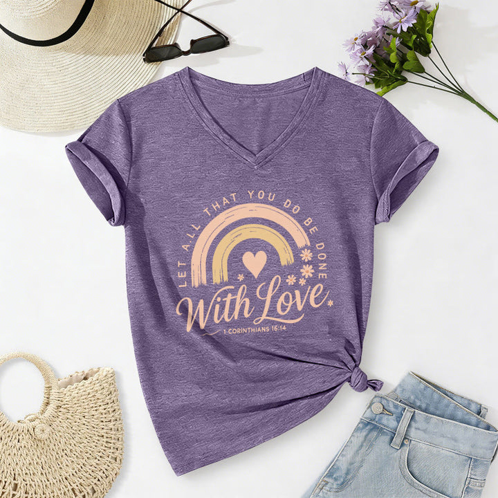 Christianartworkshop Bibelvers mit Liebe Regenbogenblumen Lässiges V-Ausschnitt-T-Shirt - Lila - 2XL - image 2