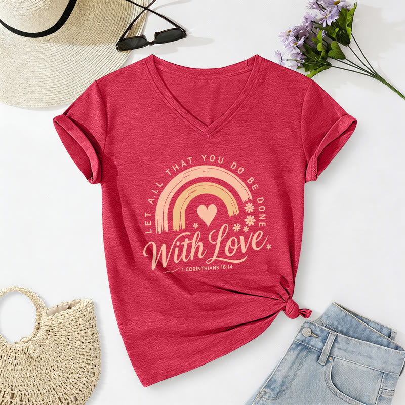 Christianartworkshop Bibelvers mit Liebe Regenbogenblumen Lässiges V-Ausschnitt-T-Shirt - Rot - 2XL - image 22