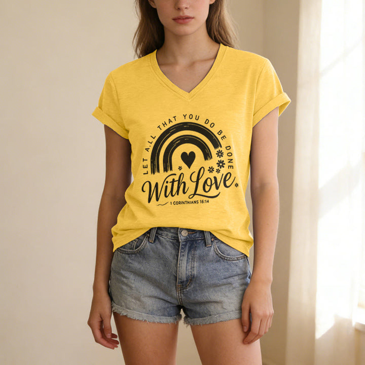 Christianartworkshop Bibelvers mit Liebe Regenbogenblumen Lässiges V-Ausschnitt-T-Shirt - image 5