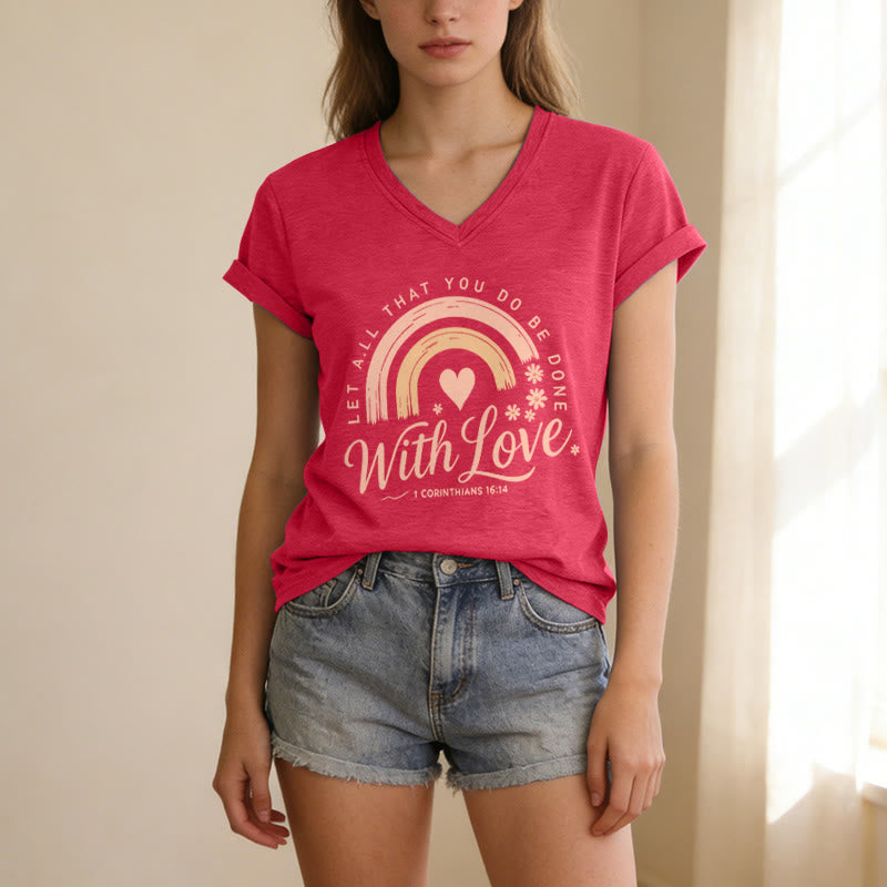 Christianartworkshop Bibelvers mit Liebe Regenbogenblumen Lässiges V-Ausschnitt-T-Shirt - image 23