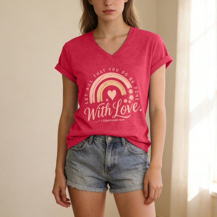 Christianartworkshop Bibelvers mit Liebe Regenbogenblumen Lässiges V-Ausschnitt-T-Shirt - image 23