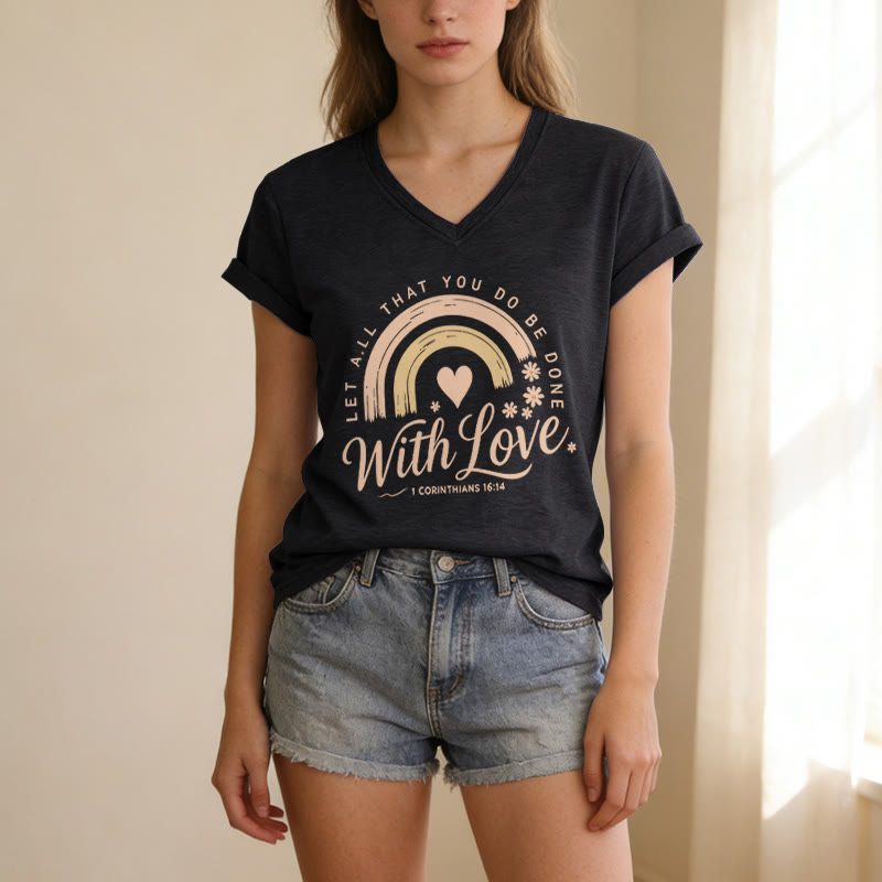 Christianartworkshop Bibelvers mit Liebe Regenbogenblumen Lässiges V-Ausschnitt-T-Shirt - image 15