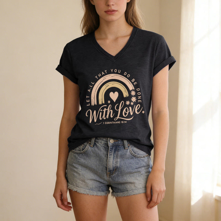 Christianartworkshop Bibelvers mit Liebe Regenbogenblumen Lässiges V-Ausschnitt-T-Shirt - image 15