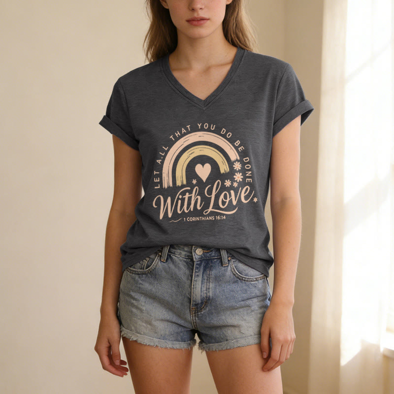 Christianartworkshop Bibelvers mit Liebe Regenbogenblumen Lässiges V-Ausschnitt-T-Shirt - image 21