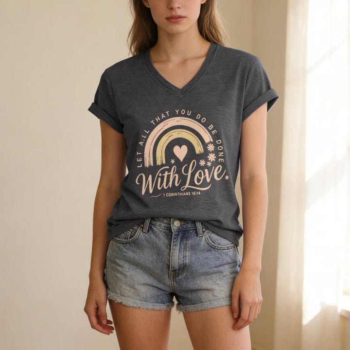 Christianartworkshop Bibelvers mit Liebe Regenbogenblumen Lässiges V-Ausschnitt-T-Shirt - image 21