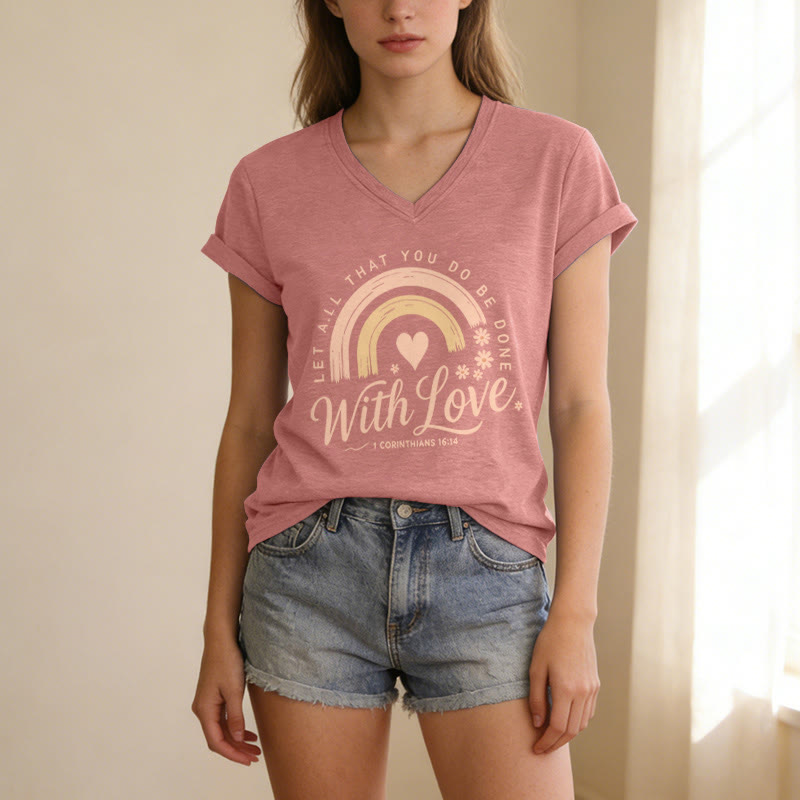 Christianartworkshop Bibelvers mit Liebe Regenbogenblumen Lässiges V-Ausschnitt-T-Shirt - image 1