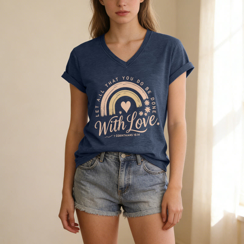 Christianartworkshop Bibelvers mit Liebe Regenbogenblumen Lässiges V-Ausschnitt-T-Shirt - image 19