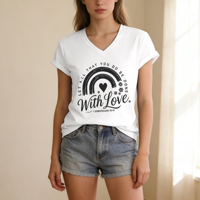 Christianartworkshop Bibelvers mit Liebe Regenbogenblumen Lässiges V-Ausschnitt-T-Shirt - image 11