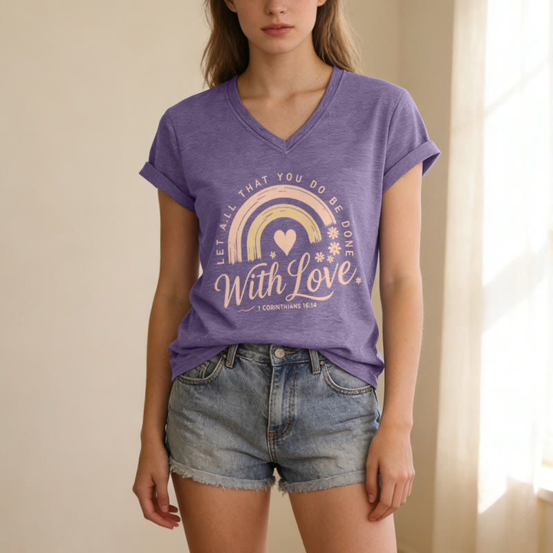 Christianartworkshop Bibelvers mit Liebe Regenbogenblumen Lässiges V-Ausschnitt-T-Shirt - image 3