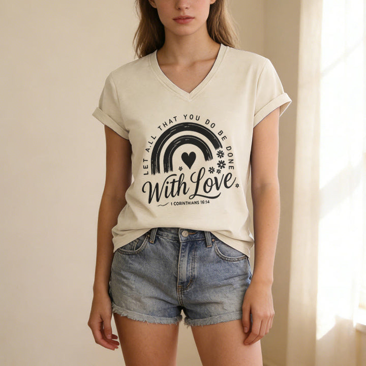 Christianartworkshop Bibelvers mit Liebe Regenbogenblumen Lässiges V-Ausschnitt-T-Shirt - image 7
