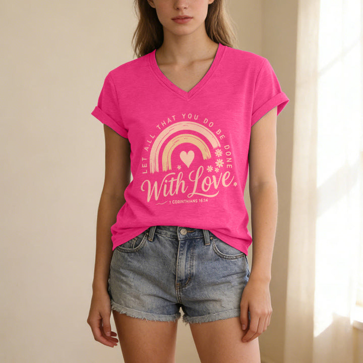 Christianartworkshop Bibelvers mit Liebe Regenbogenblumen Lässiges V-Ausschnitt-T-Shirt - image 25