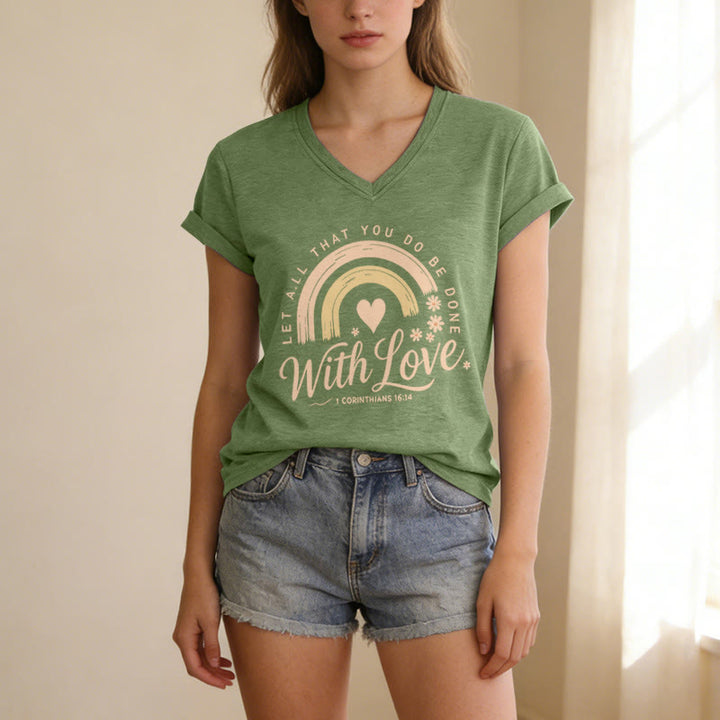Christianartworkshop Bibelvers mit Liebe Regenbogenblumen Lässiges V-Ausschnitt-T-Shirt - image 9