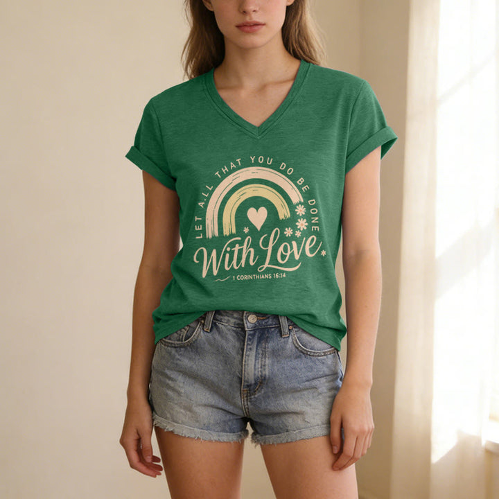 Christianartworkshop Bibelvers mit Liebe Regenbogenblumen Lässiges V-Ausschnitt-T-Shirt - image 17