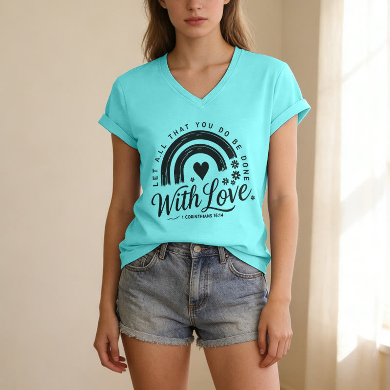 Christianartworkshop Bibelvers mit Liebe Regenbogenblumen Lässiges V-Ausschnitt-T-Shirt - image 13