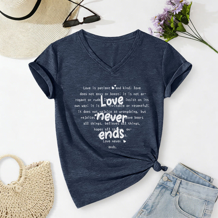 Christianartworkshop Lässiges T-Shirt mit V-Ausschnitt und Bibelvers „Die Liebe endet nie“ - Marineblau - 2XL - image 18