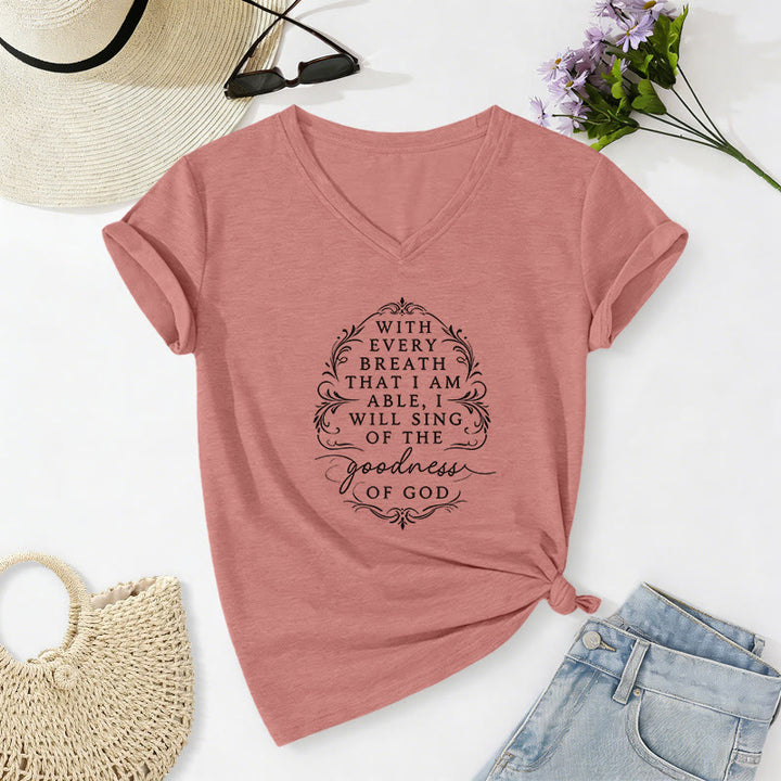 Christianartworkshop Mit jedem Atemzug werde ich von der Güte Gottes singen – Inspirierendes, lässiges T-Shirt mit Blumenmuster und V-Ausschnitt - Hellrosa - 2XL - image 12