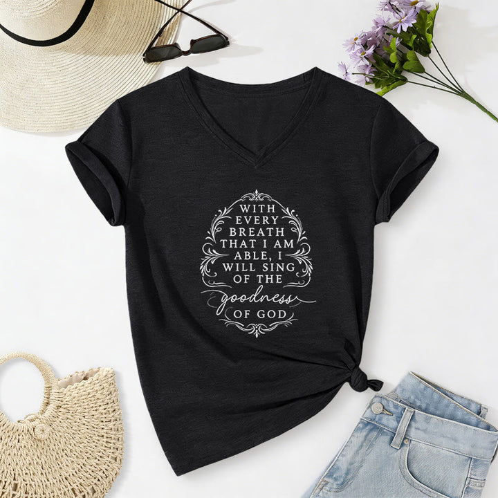 Christianartworkshop Mit jedem Atemzug werde ich von der Güte Gottes singen – Inspirierendes, lässiges T-Shirt mit Blumenmuster und V-Ausschnitt - Schwarz - 2XL - image 14