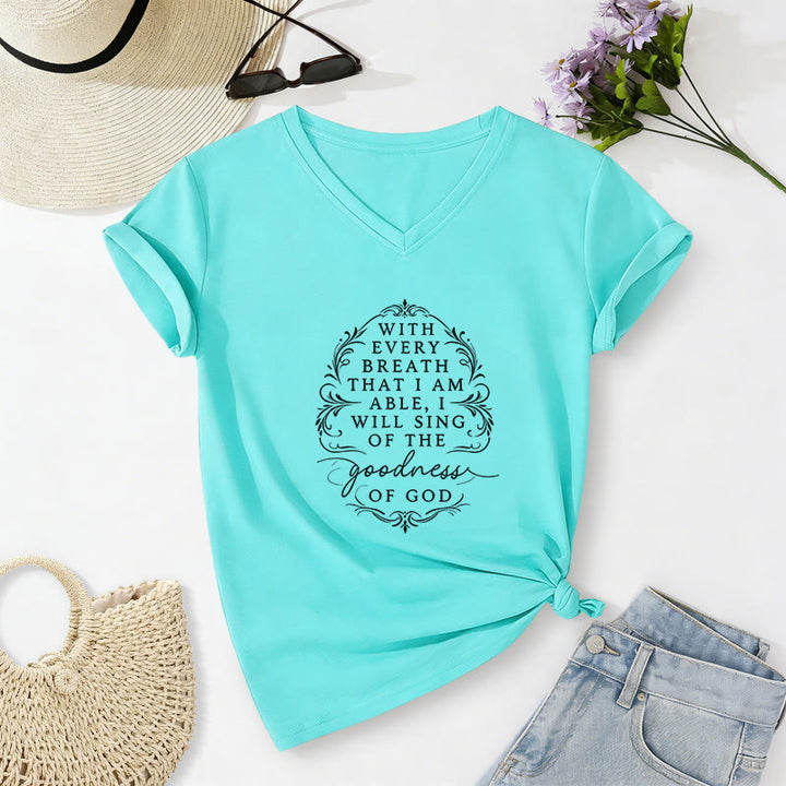 Christianartworkshop Mit jedem Atemzug werde ich von der Güte Gottes singen – Inspirierendes, lässiges T-Shirt mit Blumenmuster und V-Ausschnitt - Himmelblau - 2XL - image 10