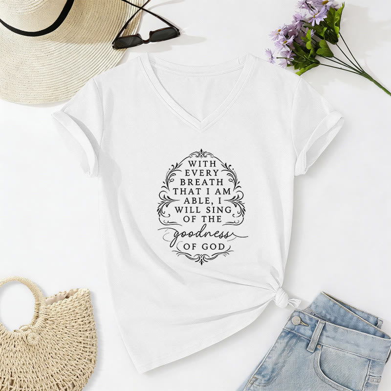 Christianartworkshop Mit jedem Atemzug werde ich von der Güte Gottes singen – Inspirierendes, lässiges T-Shirt mit Blumenmuster und V-Ausschnitt - Weiß - 2XL - image 8