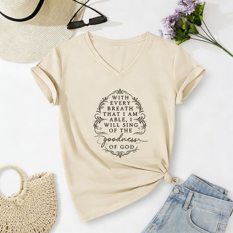 Christianartworkshop Mit jedem Atemzug werde ich von der Güte Gottes singen – Inspirierendes, lässiges T-Shirt mit Blumenmuster und V-Ausschnitt - Beige - 2XL - image 4