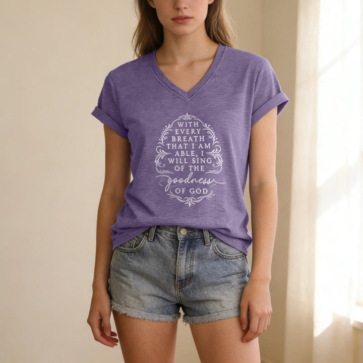 Christianartworkshop Mit jedem Atemzug werde ich von der Güte Gottes singen – Inspirierendes, lässiges T-Shirt mit Blumenmuster und V-Ausschnitt - image 1