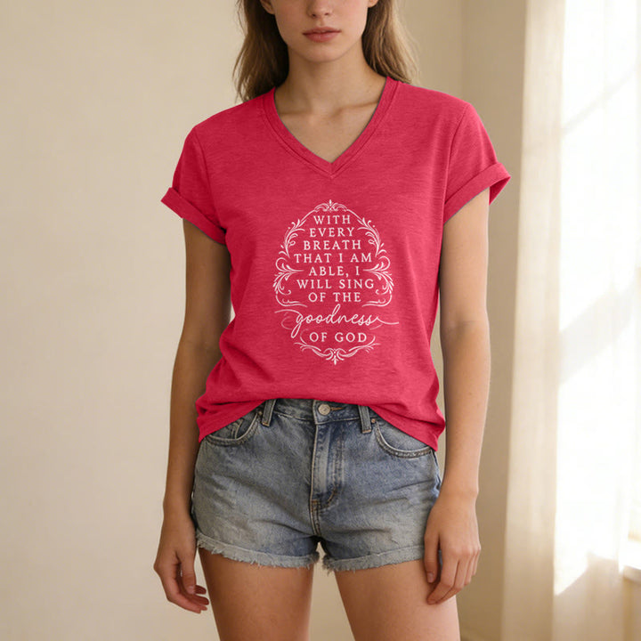 Christianartworkshop Mit jedem Atemzug werde ich von der Güte Gottes singen – Inspirierendes, lässiges T-Shirt mit Blumenmuster und V-Ausschnitt - image 23