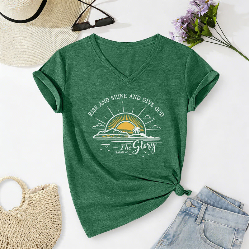 Christianartworkshop Steh auf und strahle und gib Gott die Ehre! Jesaja 60,1 Lässiges T-Shirt mit Sonnenaufgangsmotiv und V-Ausschnitt - Dunkelgrün - 2XL - image 14