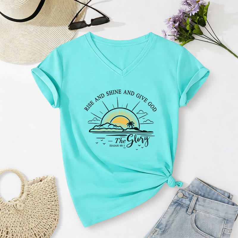 Christianartworkshop Steh auf und strahle und gib Gott die Ehre! Jesaja 60,1 Lässiges T-Shirt mit Sonnenaufgangsmotiv und V-Ausschnitt - Himmelblau - 2XL - image 8