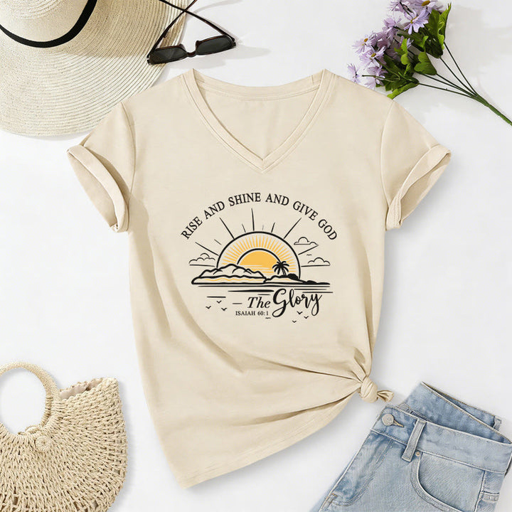 Christianartworkshop Steh auf und strahle und gib Gott die Ehre! Jesaja 60,1 Lässiges T-Shirt mit Sonnenaufgangsmotiv und V-Ausschnitt - Beige - 2XL - image 0
