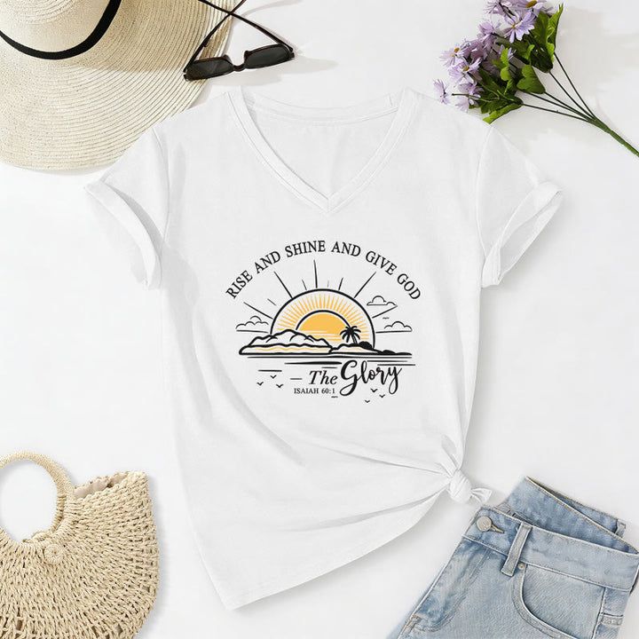Christianartworkshop Steh auf und strahle und gib Gott die Ehre! Jesaja 60,1 Lässiges T-Shirt mit Sonnenaufgangsmotiv und V-Ausschnitt - Weiß - 2XL - image 6