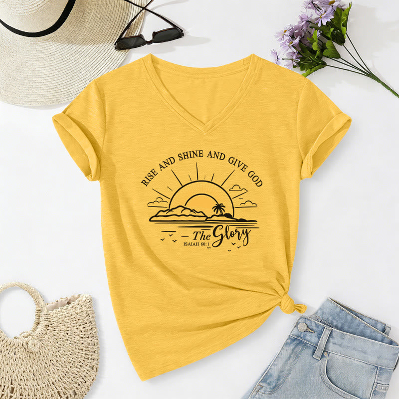 Christianartworkshop Steh auf und strahle und gib Gott die Ehre! Jesaja 60,1 Lässiges T-Shirt mit Sonnenaufgangsmotiv und V-Ausschnitt - Gelb - 2XL - image 2