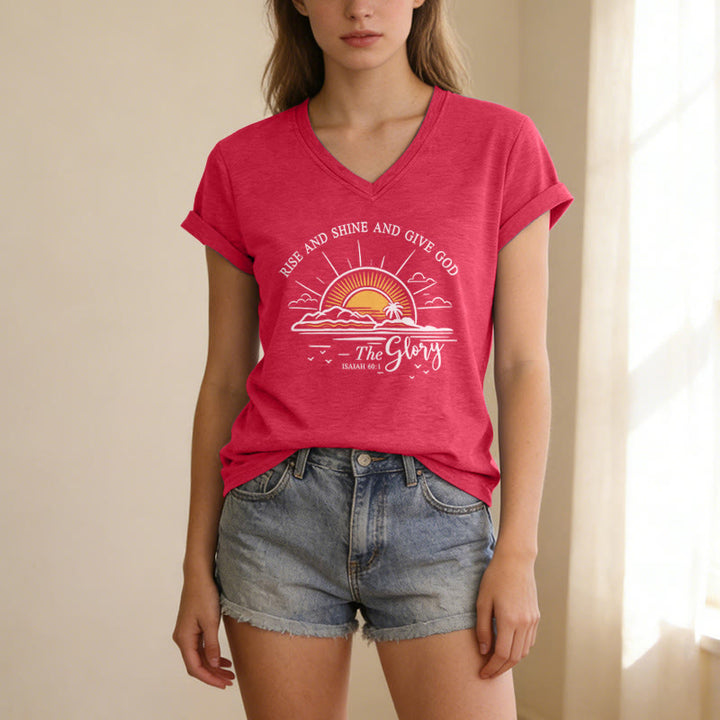 Christianartworkshop Steh auf und strahle und gib Gott die Ehre! Jesaja 60,1 Lässiges T-Shirt mit Sonnenaufgangsmotiv und V-Ausschnitt - Rot - 2XL - image 22