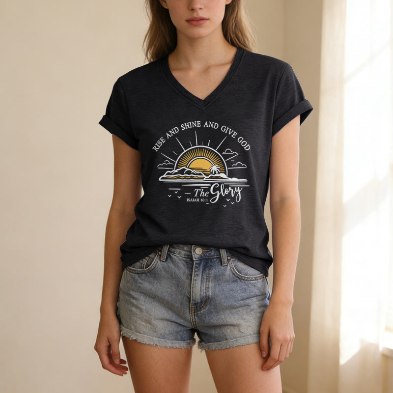 Christianartworkshop Steh auf und strahle und gib Gott die Ehre! Jesaja 60,1 Lässiges T-Shirt mit Sonnenaufgangsmotiv und V-Ausschnitt - image 13