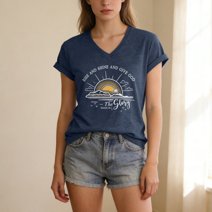 Christianartworkshop Steh auf und strahle und gib Gott die Ehre! Jesaja 60,1 Lässiges T-Shirt mit Sonnenaufgangsmotiv und V-Ausschnitt - image 19