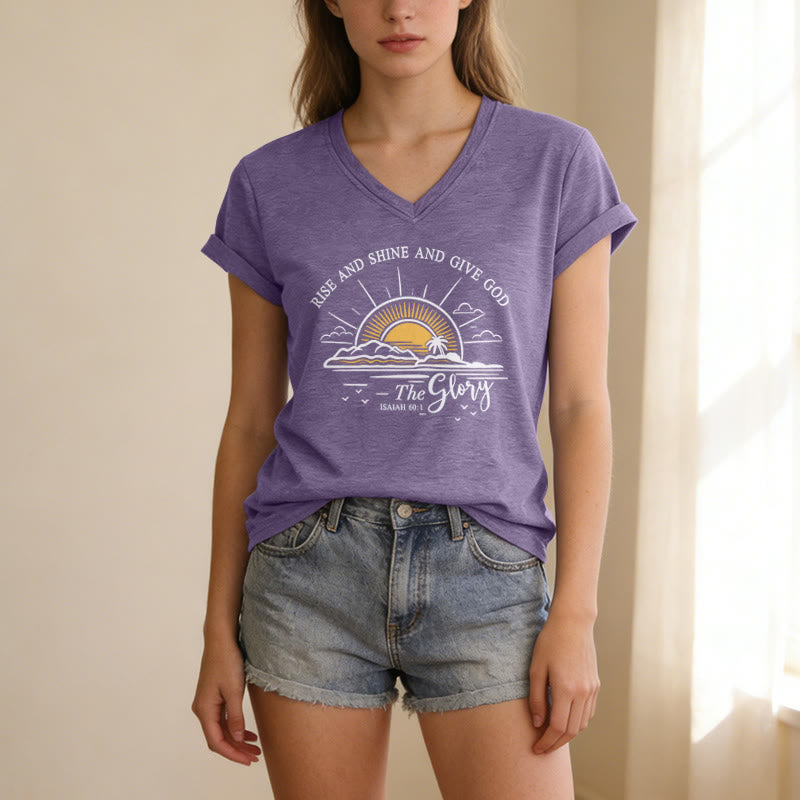 Christianartworkshop Steh auf und strahle und gib Gott die Ehre! Jesaja 60,1 Lässiges T-Shirt mit Sonnenaufgangsmotiv und V-Ausschnitt - image 17