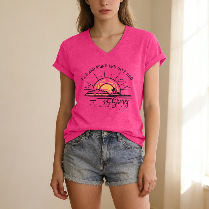 Christianartworkshop Steh auf und strahle und gib Gott die Ehre! Jesaja 60,1 Lässiges T-Shirt mit Sonnenaufgangsmotiv und V-Ausschnitt - image 25