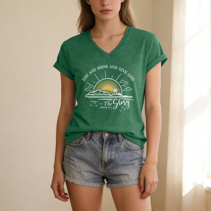 Christianartworkshop Steh auf und strahle und gib Gott die Ehre! Jesaja 60,1 Lässiges T-Shirt mit Sonnenaufgangsmotiv und V-Ausschnitt - image 15