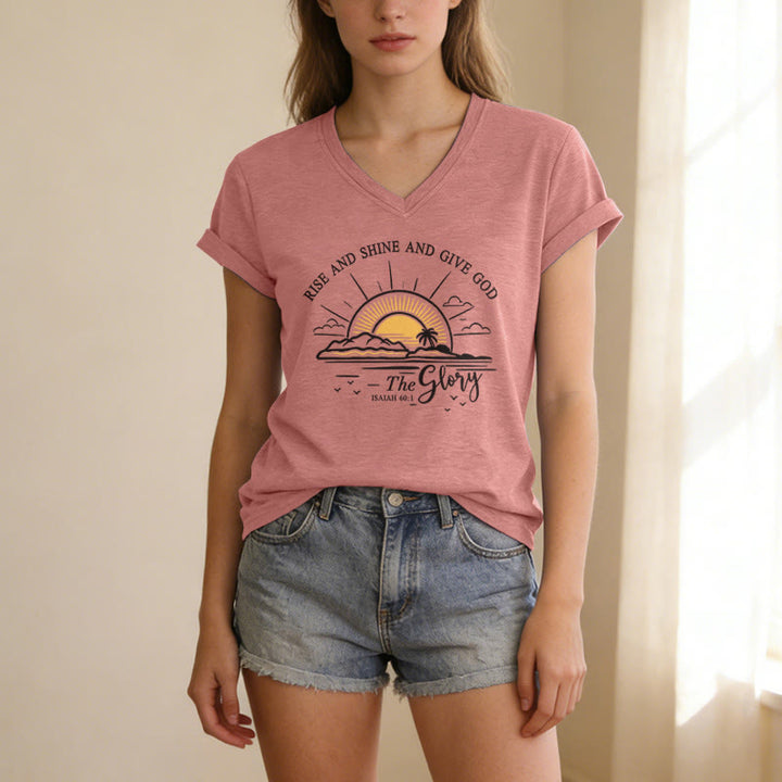 Christianartworkshop Steh auf und strahle und gib Gott die Ehre! Jesaja 60,1 Lässiges T-Shirt mit Sonnenaufgangsmotiv und V-Ausschnitt - image 11