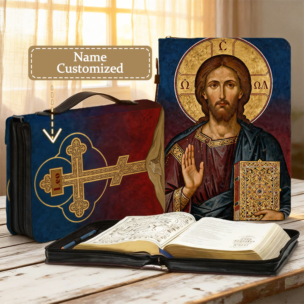 Christianartworkshop Andachtsbibel-Einband mit Jesus-Christus-Ikone und verziertem Kreuz - 2XL - Name personalisiert - image 0
