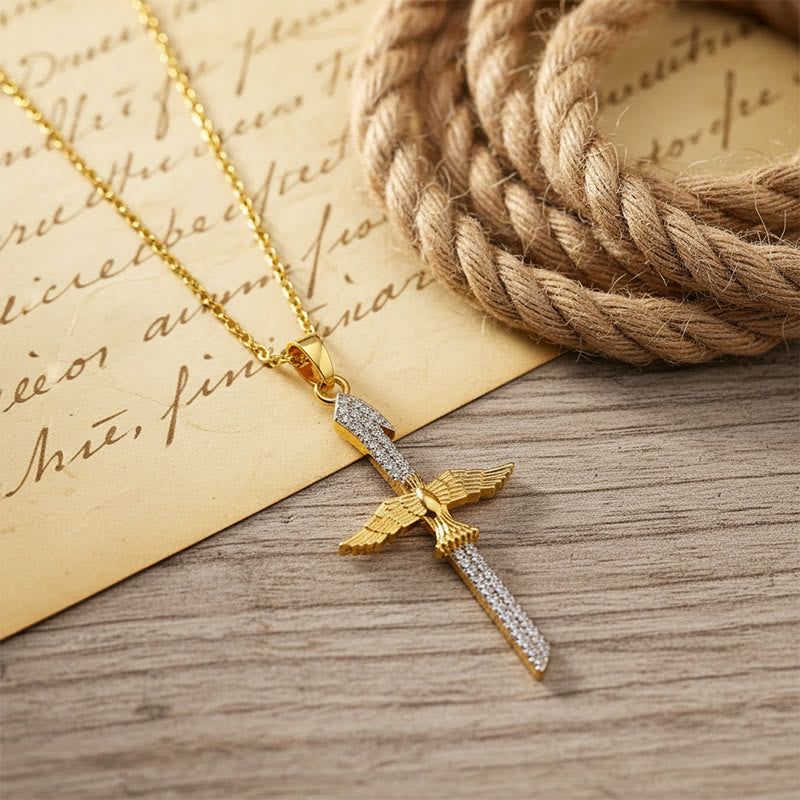 Christianartworkshop Funkelnde Zirkon-Schwertkreuz-Halskette mit Taubenflügeln: Eine Erinnerung an göttlichen Schutz - image 4