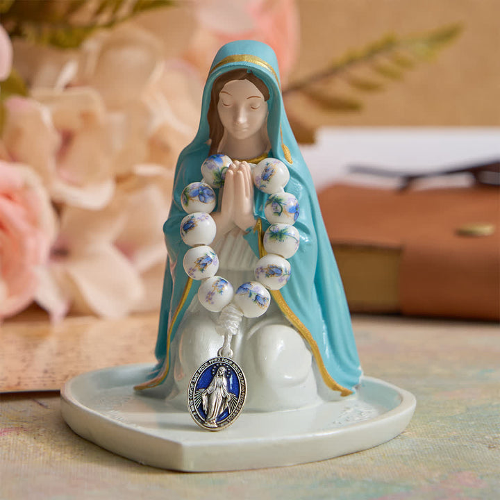 Christianartworkshop Blauer Rosenkranz aus Keramik mit Blumenmuster und Marienverehrung - image 3