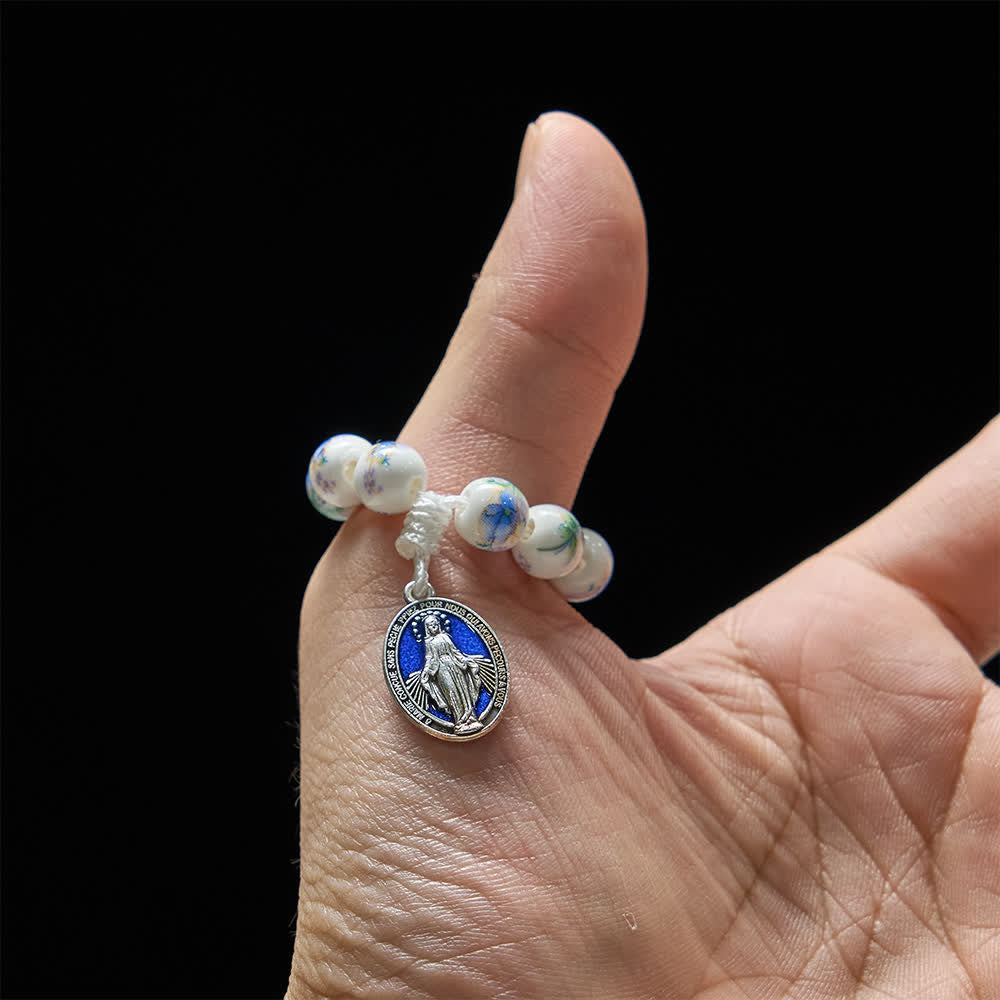 Christianartworkshop Blauer Rosenkranz aus Keramik mit Blumenmuster und Marienverehrung - image 2