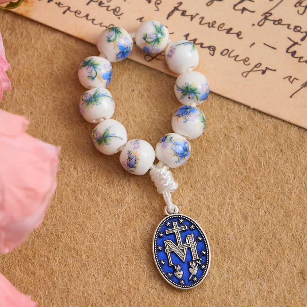 Christianartworkshop Blauer Rosenkranz aus Keramik mit Blumenmuster und Marienverehrung - image 4