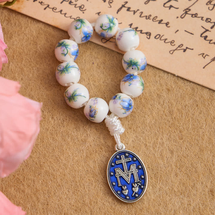 Christianartworkshop Blauer Rosenkranz aus Keramik mit Blumenmuster und Marienverehrung - image 4