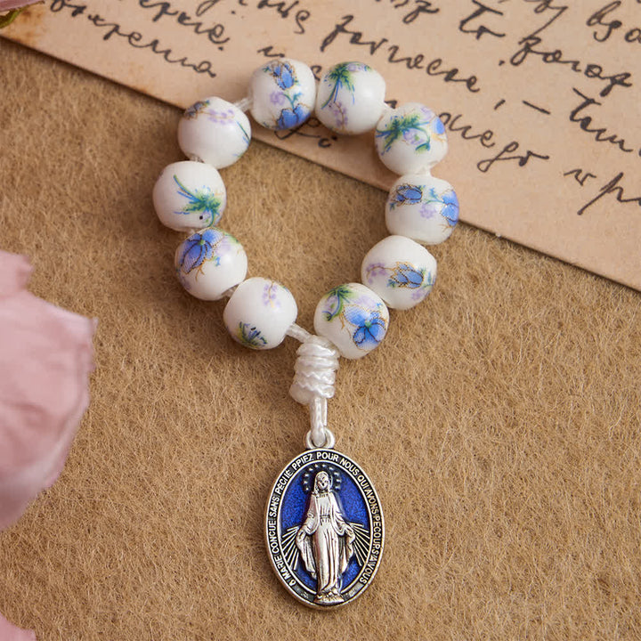 Christianartworkshop Blauer Rosenkranz aus Keramik mit Blumenmuster und Marienverehrung - 10 Stück - image 0