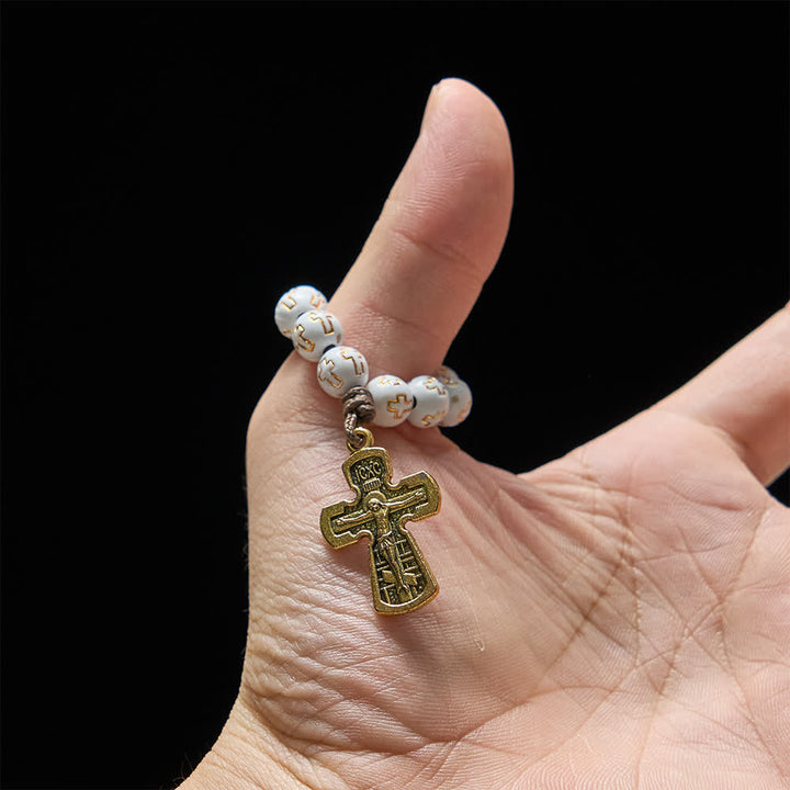 Christianartworkshop Rosenkranz mit weißen Perlen und goldenem Kreuz sowie orthodoxem Kruzifix - image 2