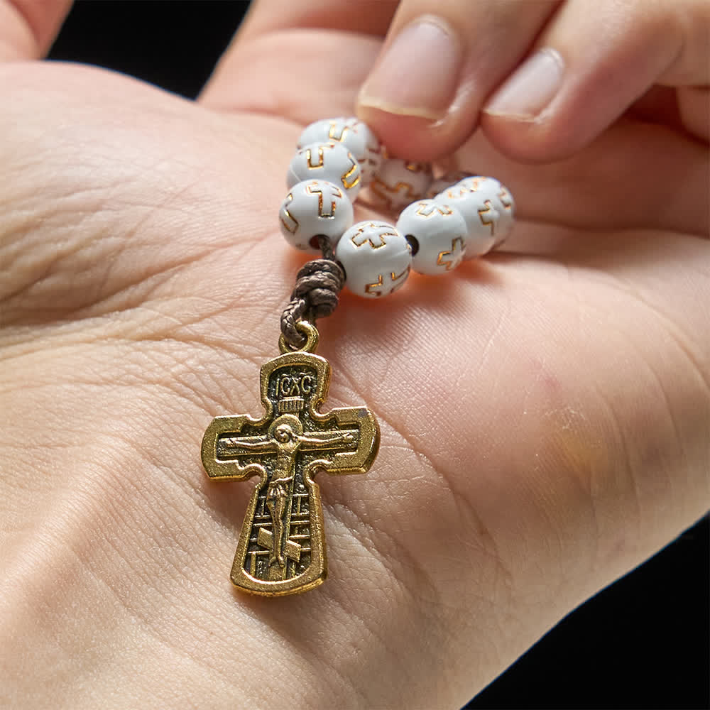 Christianartworkshop Rosenkranz mit weißen Perlen und goldenem Kreuz sowie orthodoxem Kruzifix - image 1