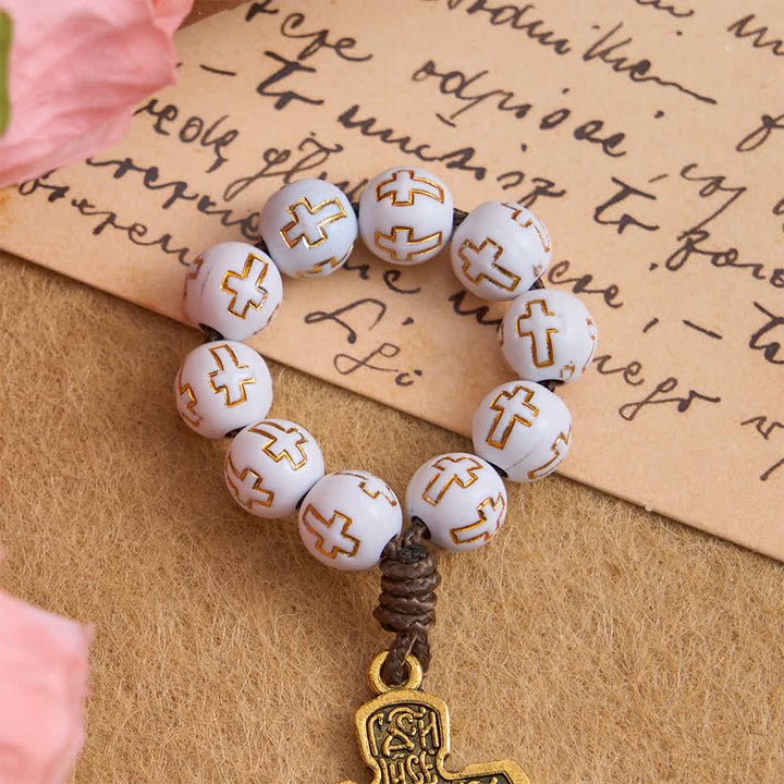 Christianartworkshop Rosenkranz mit weißen Perlen und goldenem Kreuz sowie orthodoxem Kruzifix - image 5