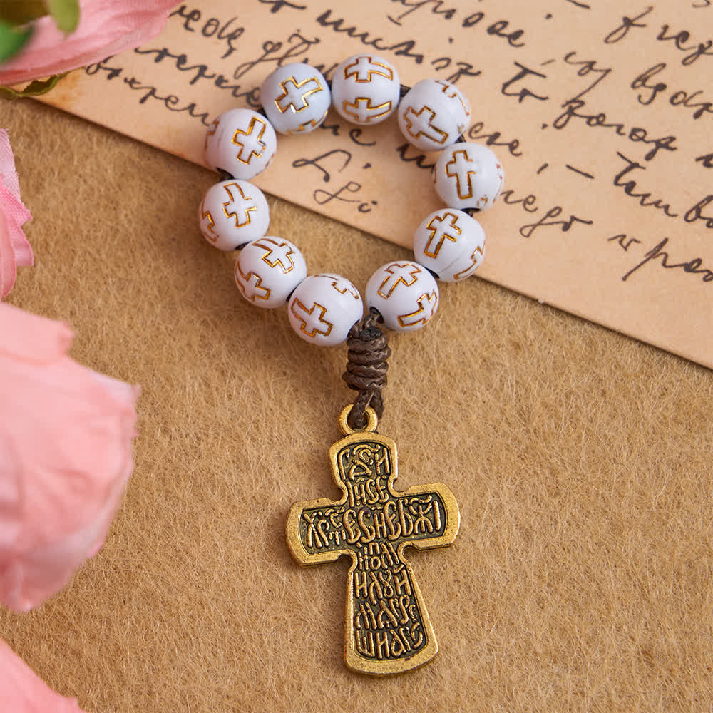 Christianartworkshop Rosenkranz mit weißen Perlen und goldenem Kreuz sowie orthodoxem Kruzifix - image 4